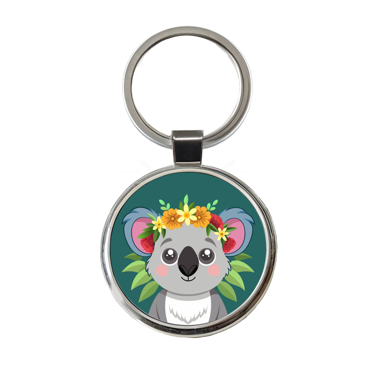 Koala Head Floral Flowers Round Metal Keychain