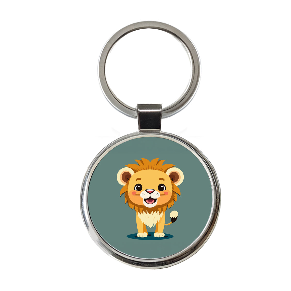 Lion Baby Smiling Standing Round Metal Keychain