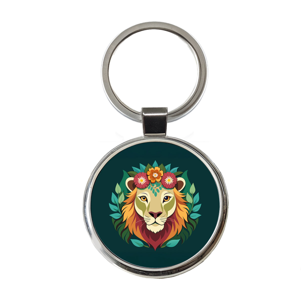 Lion Head Floral Flowers Round Metal Keychain