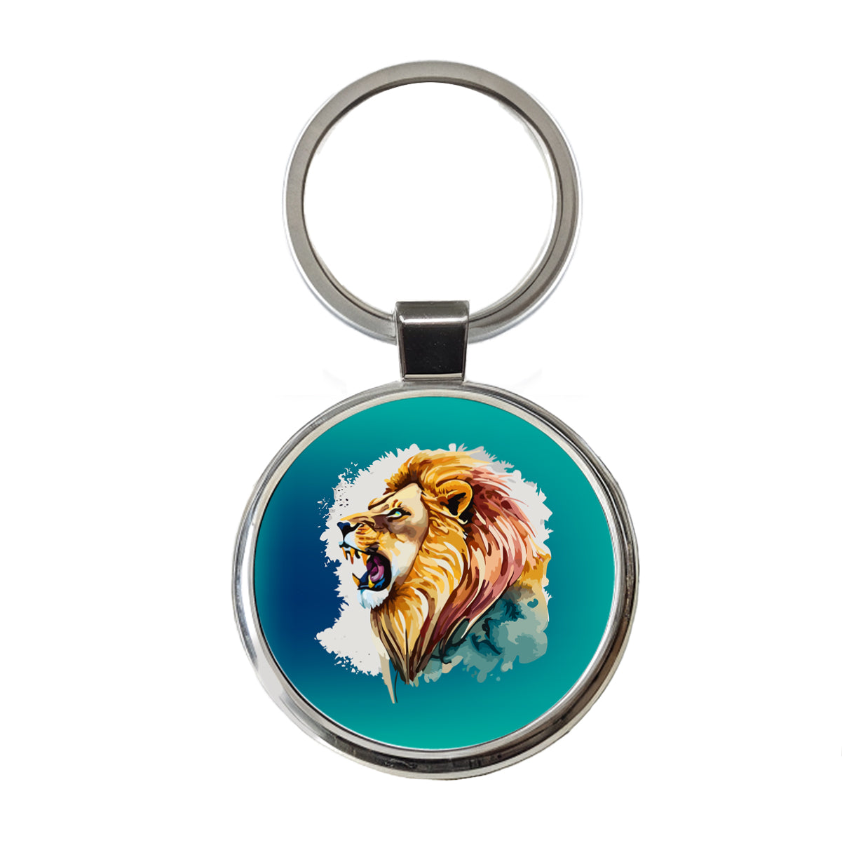 Lion Roaring Male Profile Watercolor Round Metal Keychain