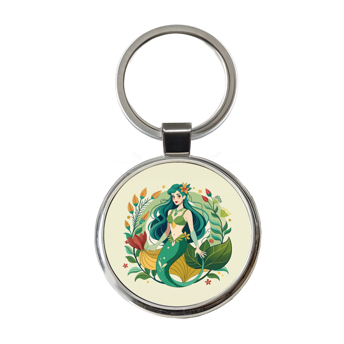 Mermaid Under Sea Botanical Art Nouveau Round Metal Keychain