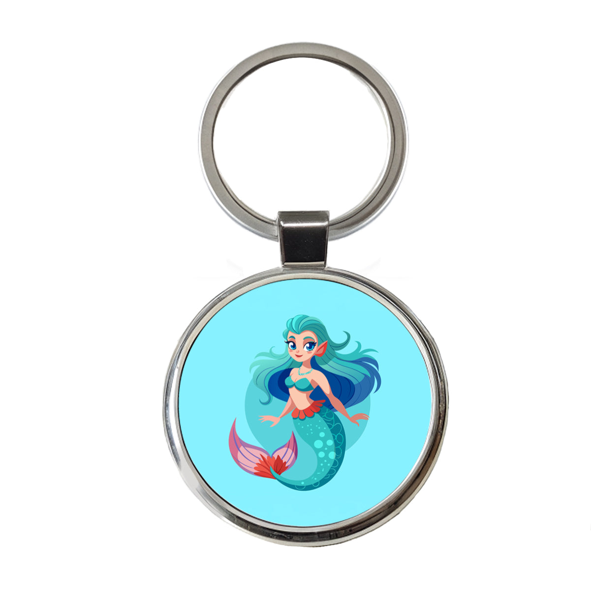 Mermaid with Blue Hair Round Metal Keychain