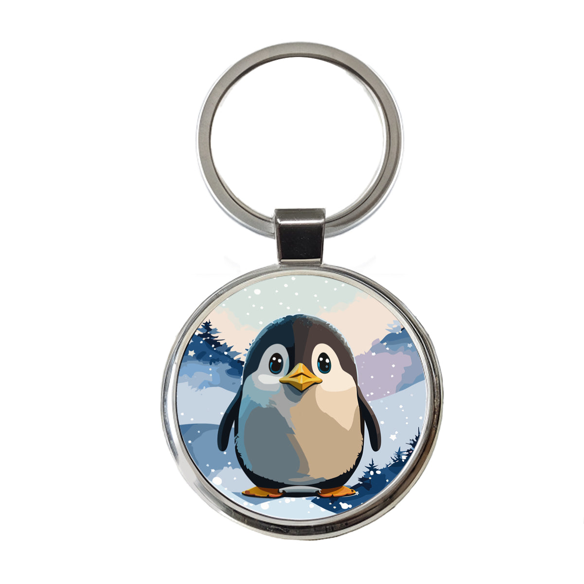 Penguin Staring Round Metal Keychain