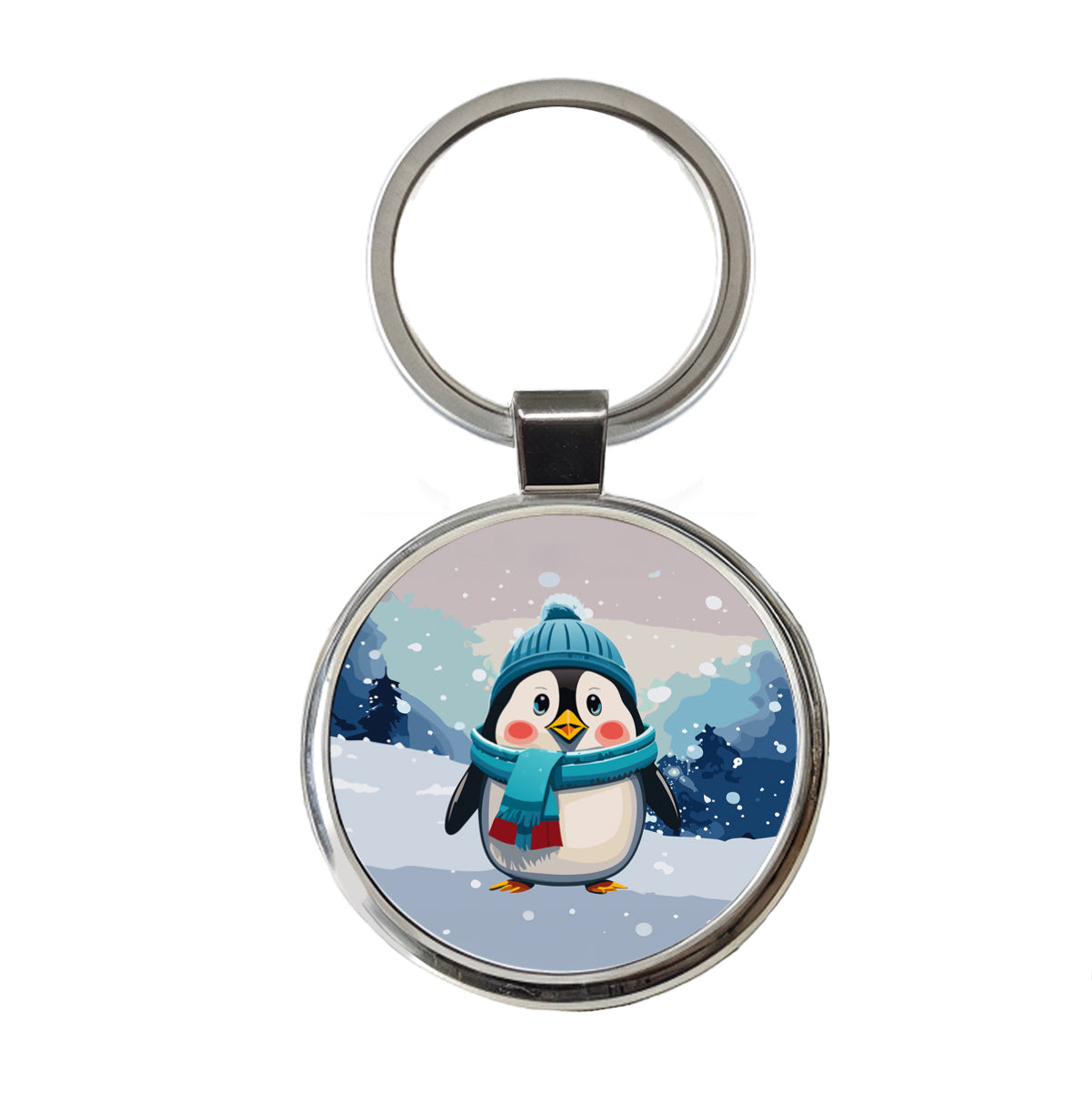 Penguin Winter Wearing Hat Scarf Cute Round Metal Keychain