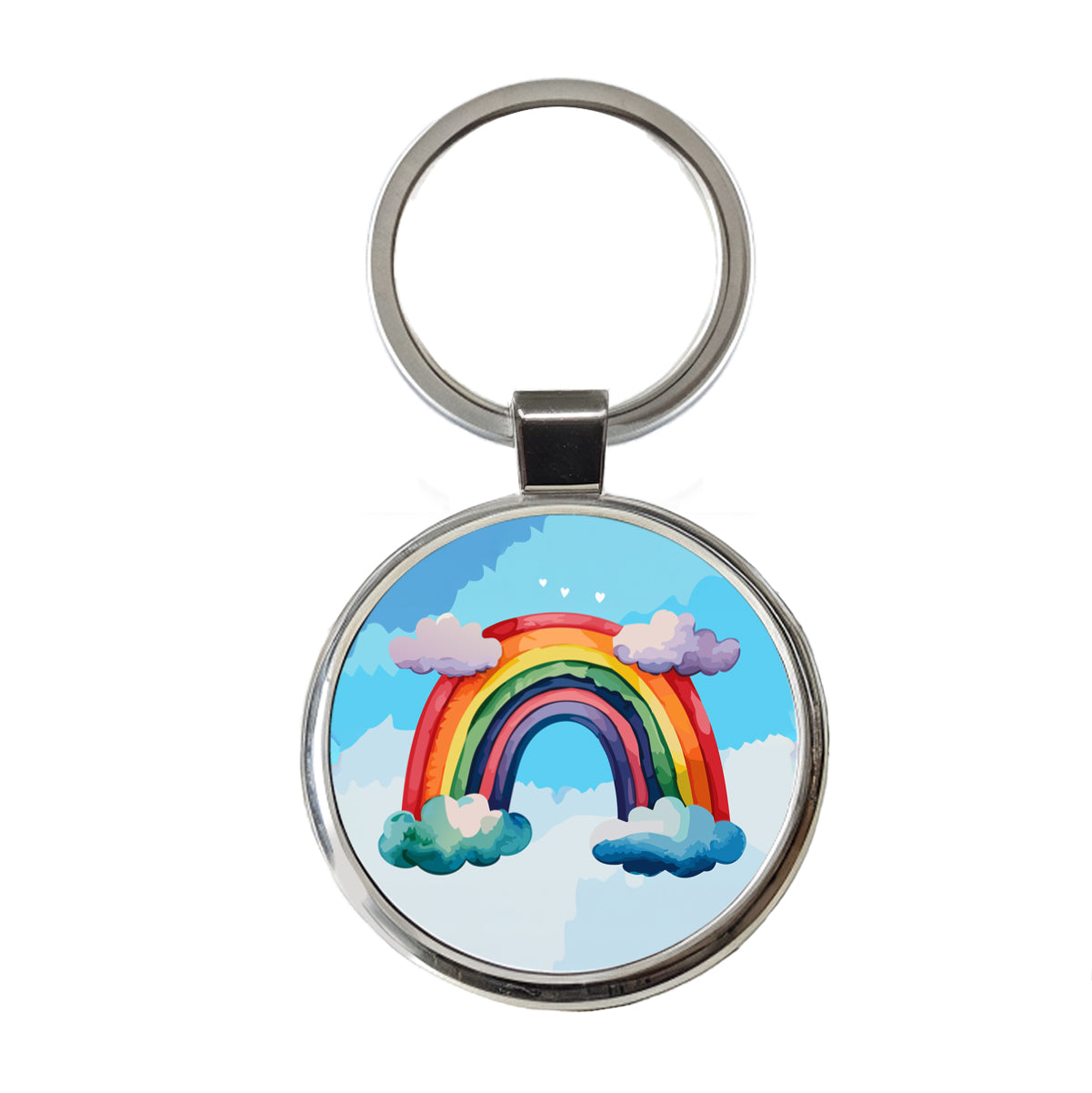 Rainbow and Clouds Watercolor Round Metal Keychain