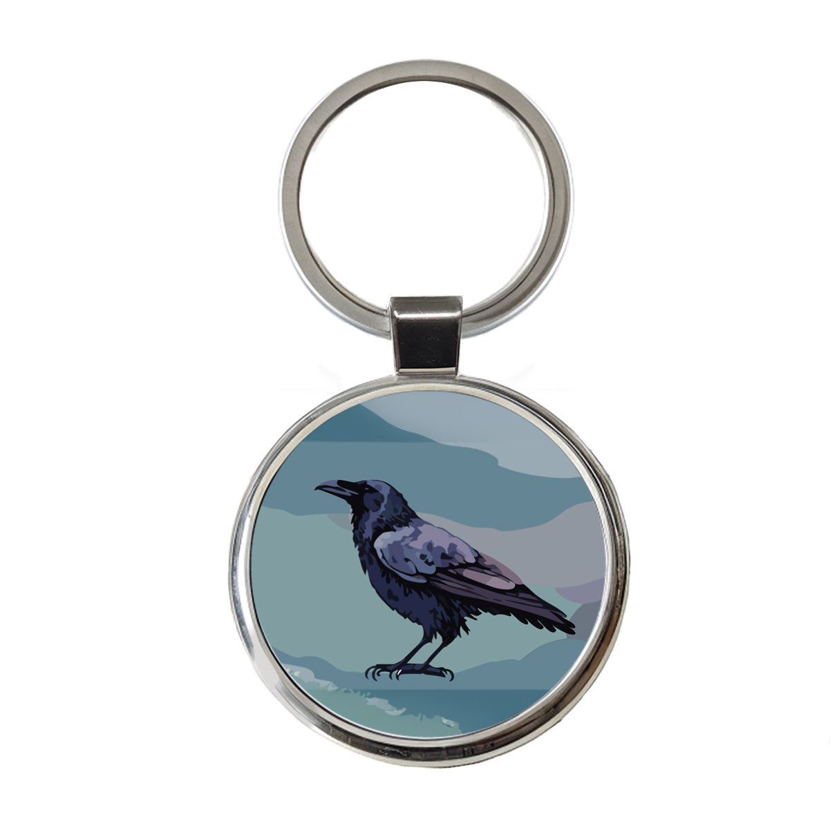 Raven Profile Bird Watercolor Round Metal Keychain