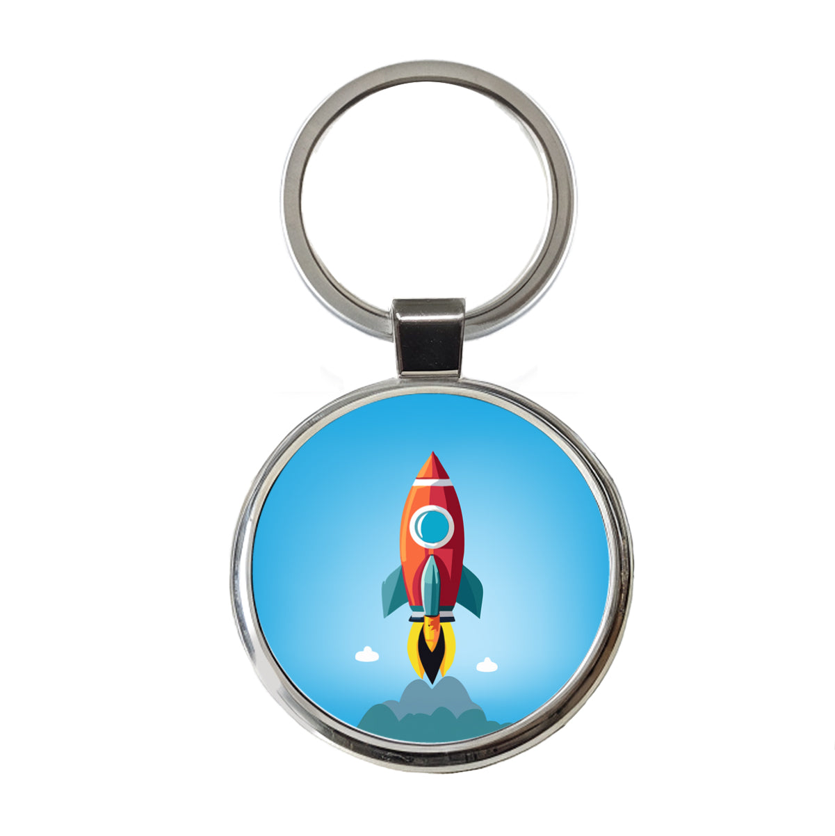 Rocket Ship Blasting Off Round Metal Keychain