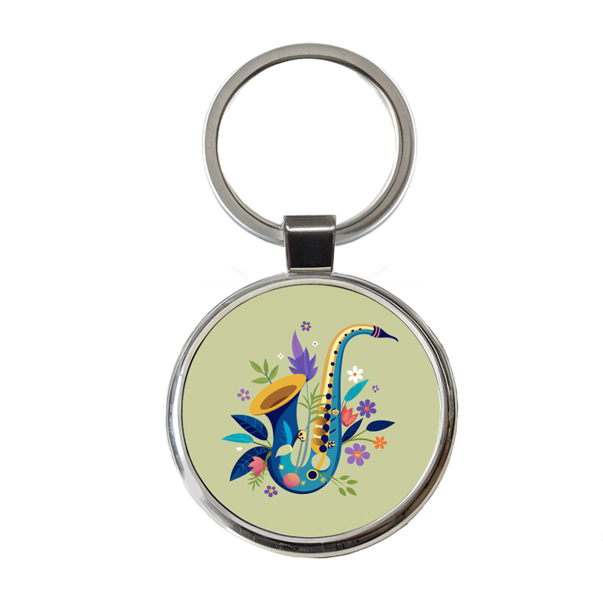 Saxophone Instrument Music Floral Motif Round Metal Keychain
