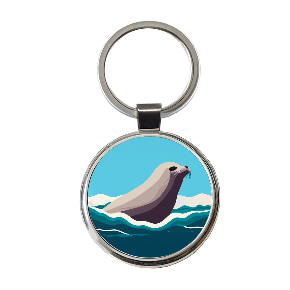 Seal Swimming in Ocean Sea Round Metal Keychain