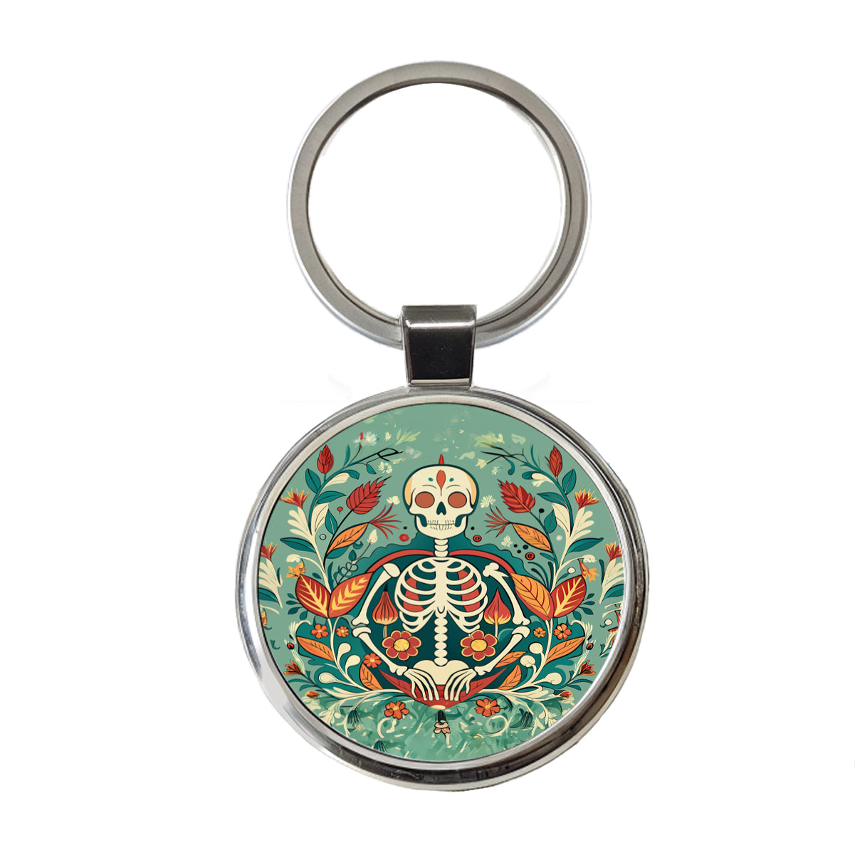 Skeleton Floral Art Nouveau Flowers Elegant Round Metal Keychain