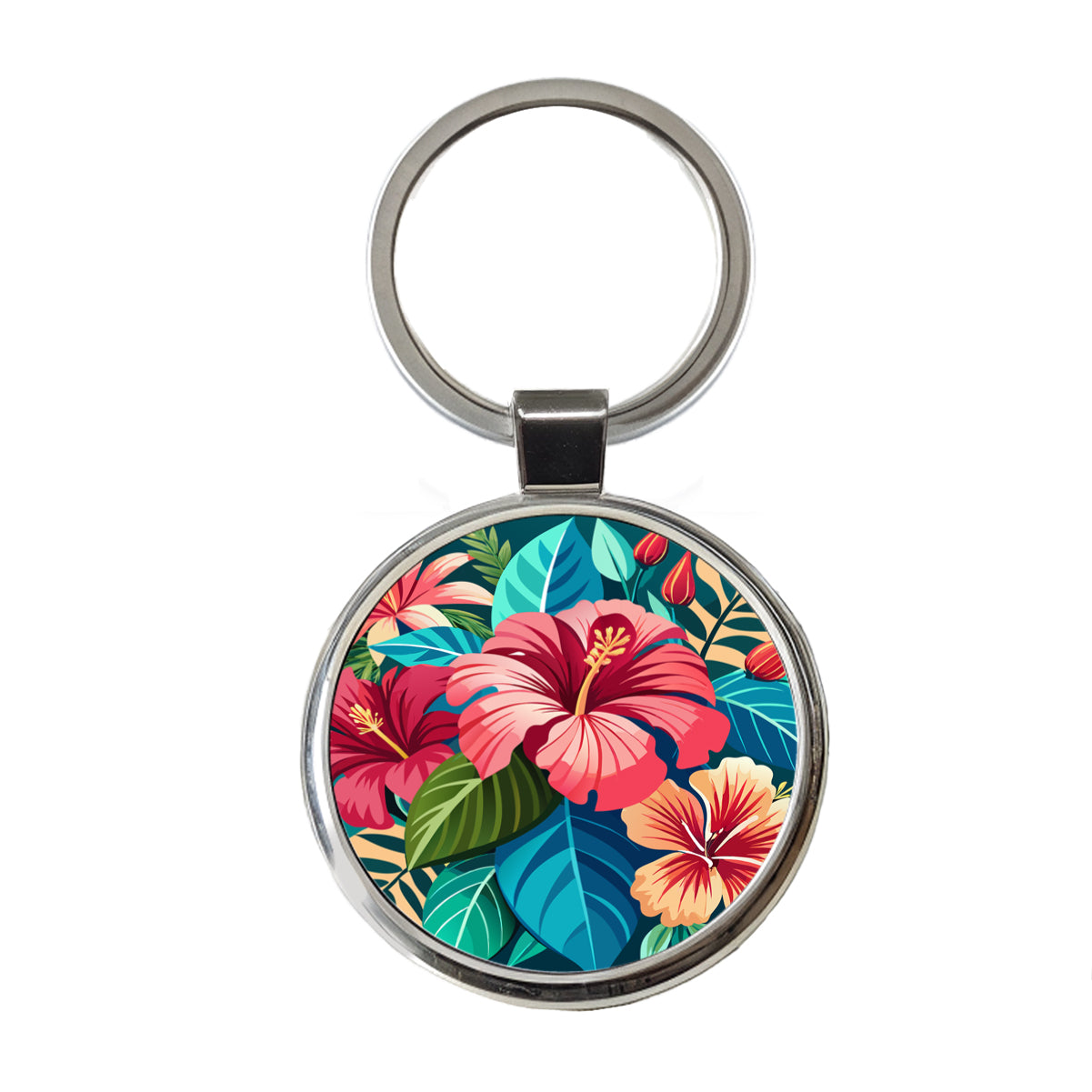 Tropical Flowers Hibiscus Round Metal Keychain