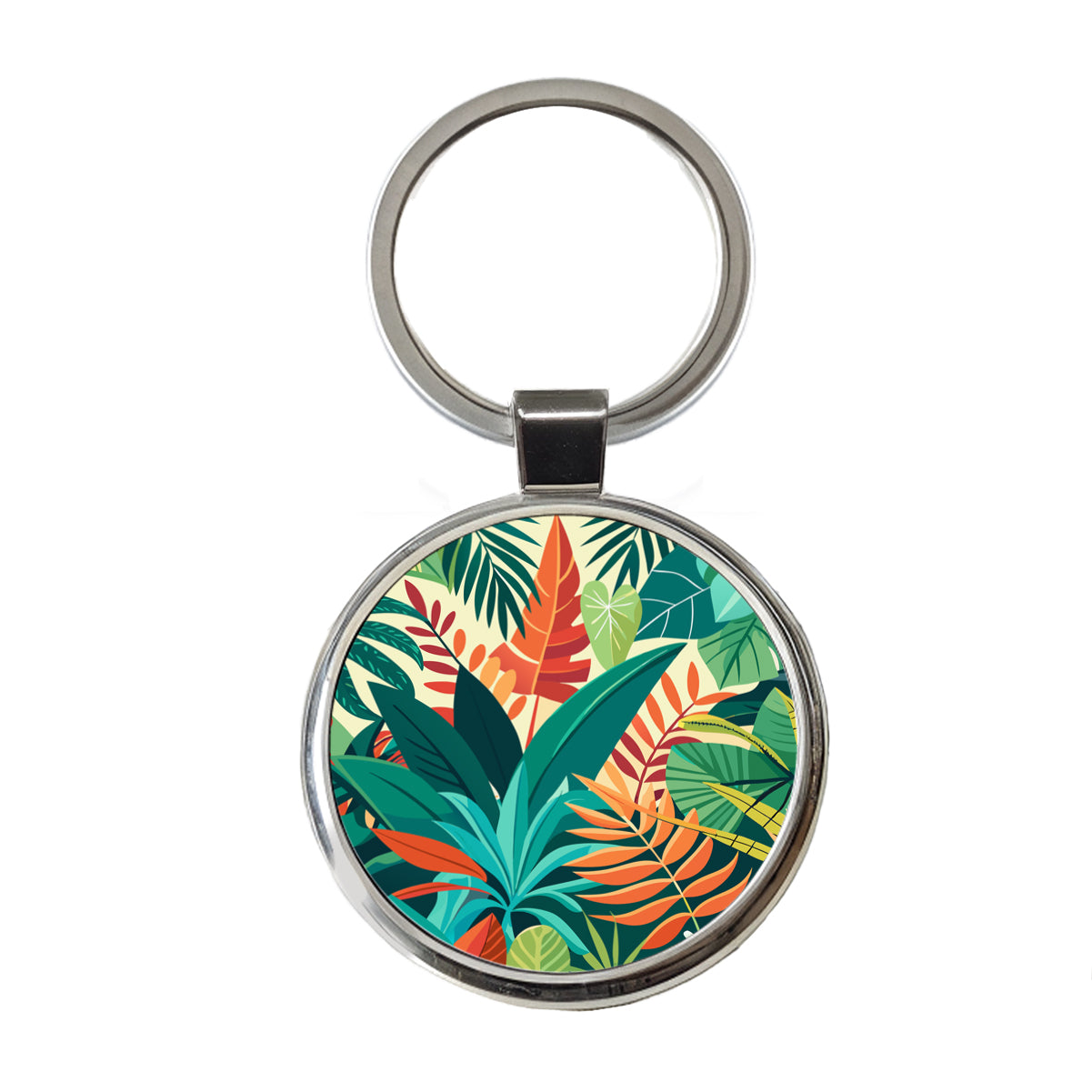 Tropical Leaves Foliage Round Metal Keychain