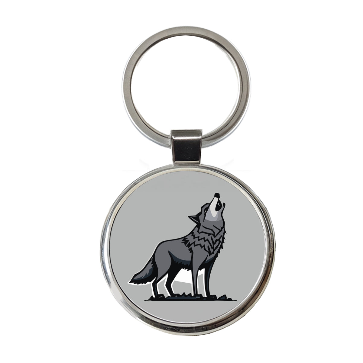 Wolf Howling Round Metal Keychain