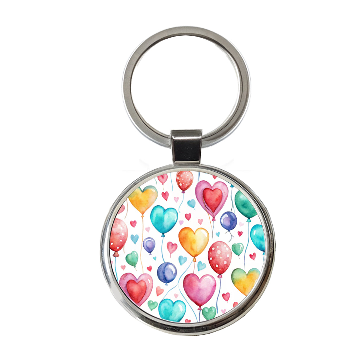 Balloons Hearts Colorful Watercolor Birthday Round Metal Keychain