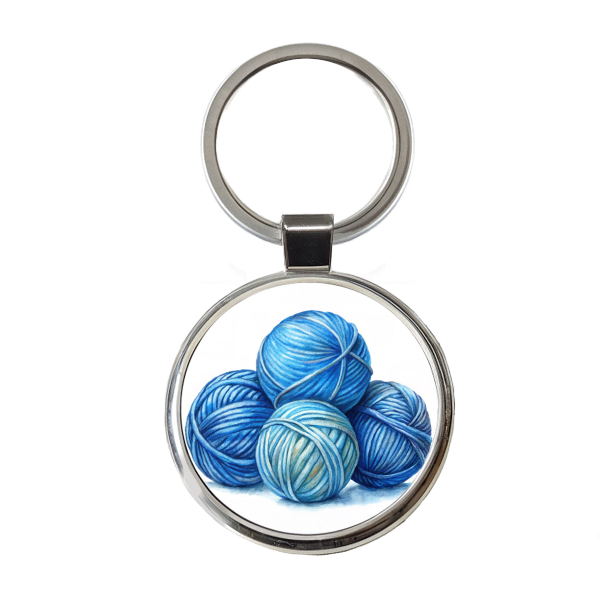 Balls Of Blue Yarn Knitting Crochet Watercolor Round Metal Keychain