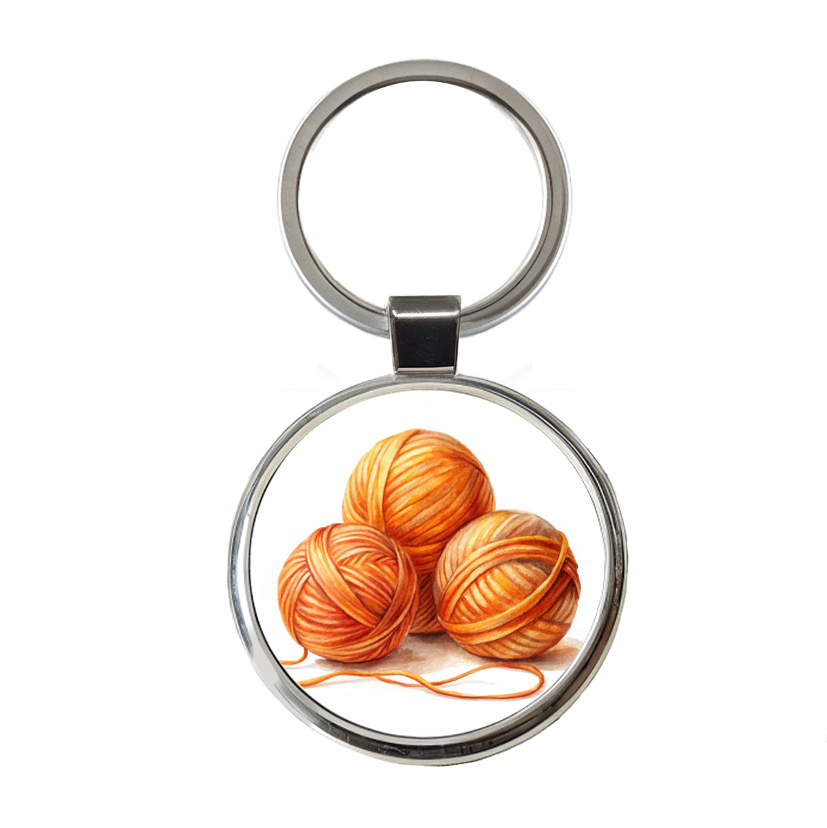 Balls Of Orange Yarn Knitting Crochet Watercolor Round Metal Keychain