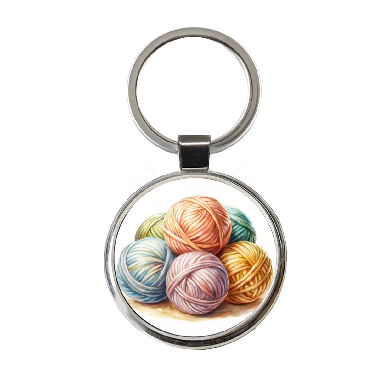 Balls Of Pastel Yarn Knitting Crochet Watercolor Round Metal Keychain