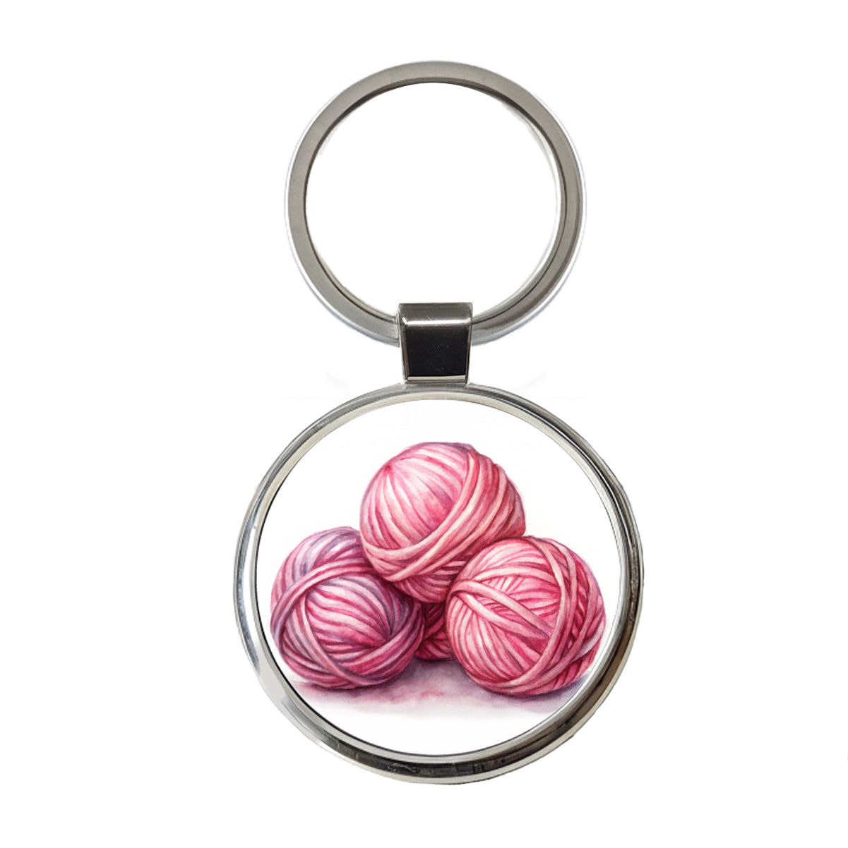 Balls Of Pink Yarn Knitting Crochet Watercolor Round Metal Keychain