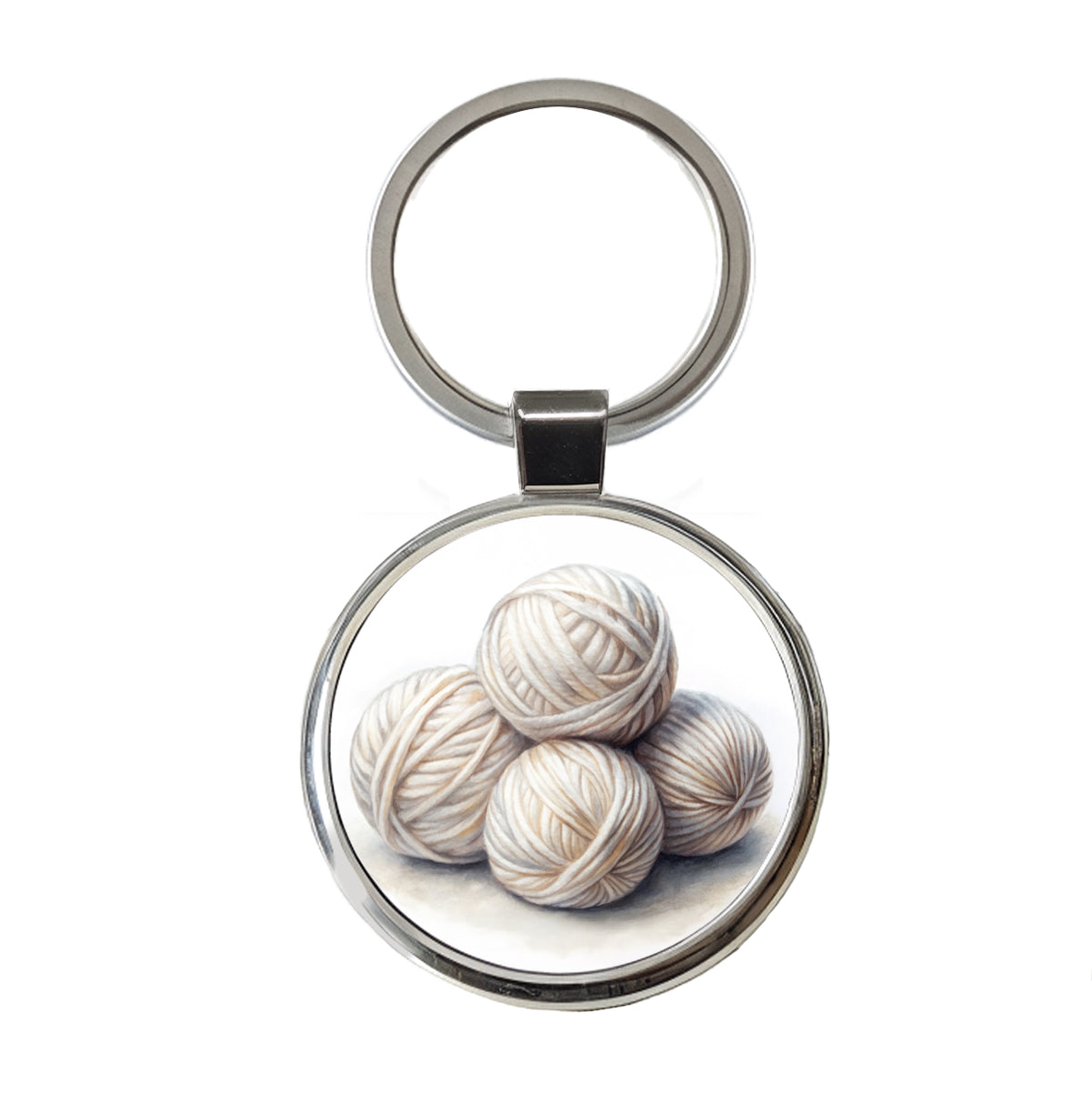 Balls Of White Yarn Knitting Crochet Watercolor Round Metal Keychain