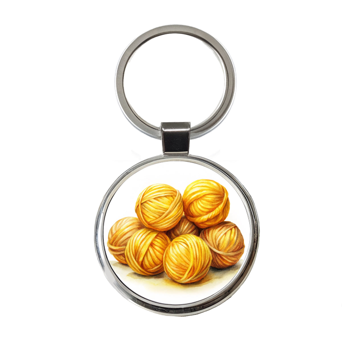 Balls Of Yellow Yarn Knitting Crochet Watercolor Round Metal Keychain