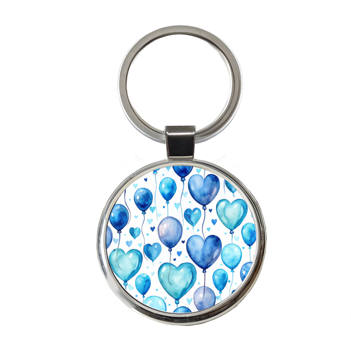 Blue Balloons Hearts Watercolor Birthday Round Metal Keychain