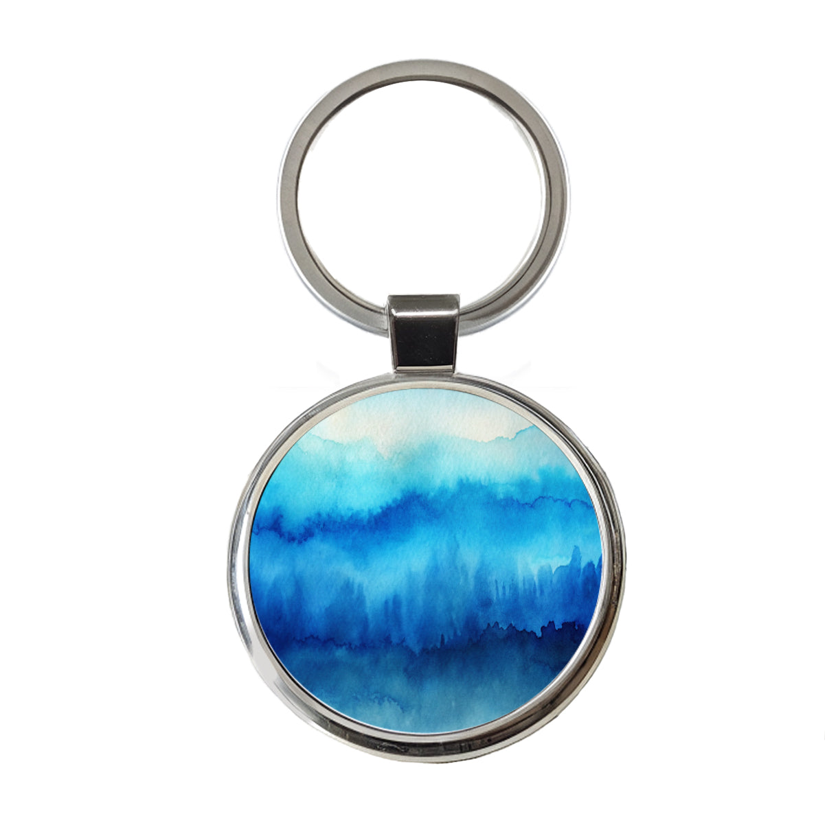 Blue Ombre Forest Watercolor Round Metal Keychain