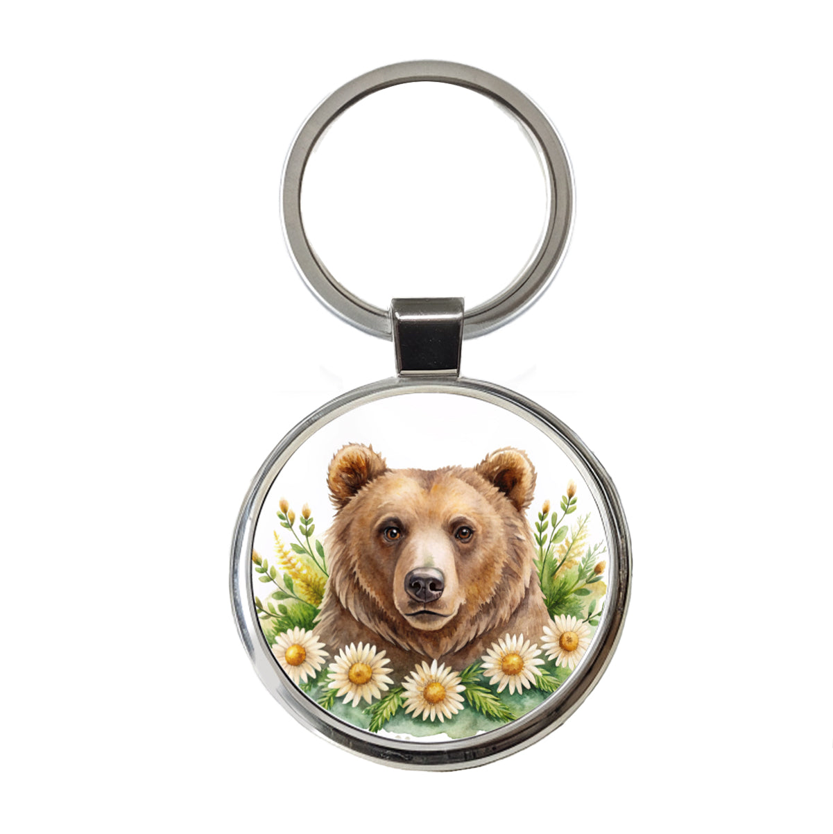 Brown Bear Watercolor Design With Daisies Round Metal Keychain