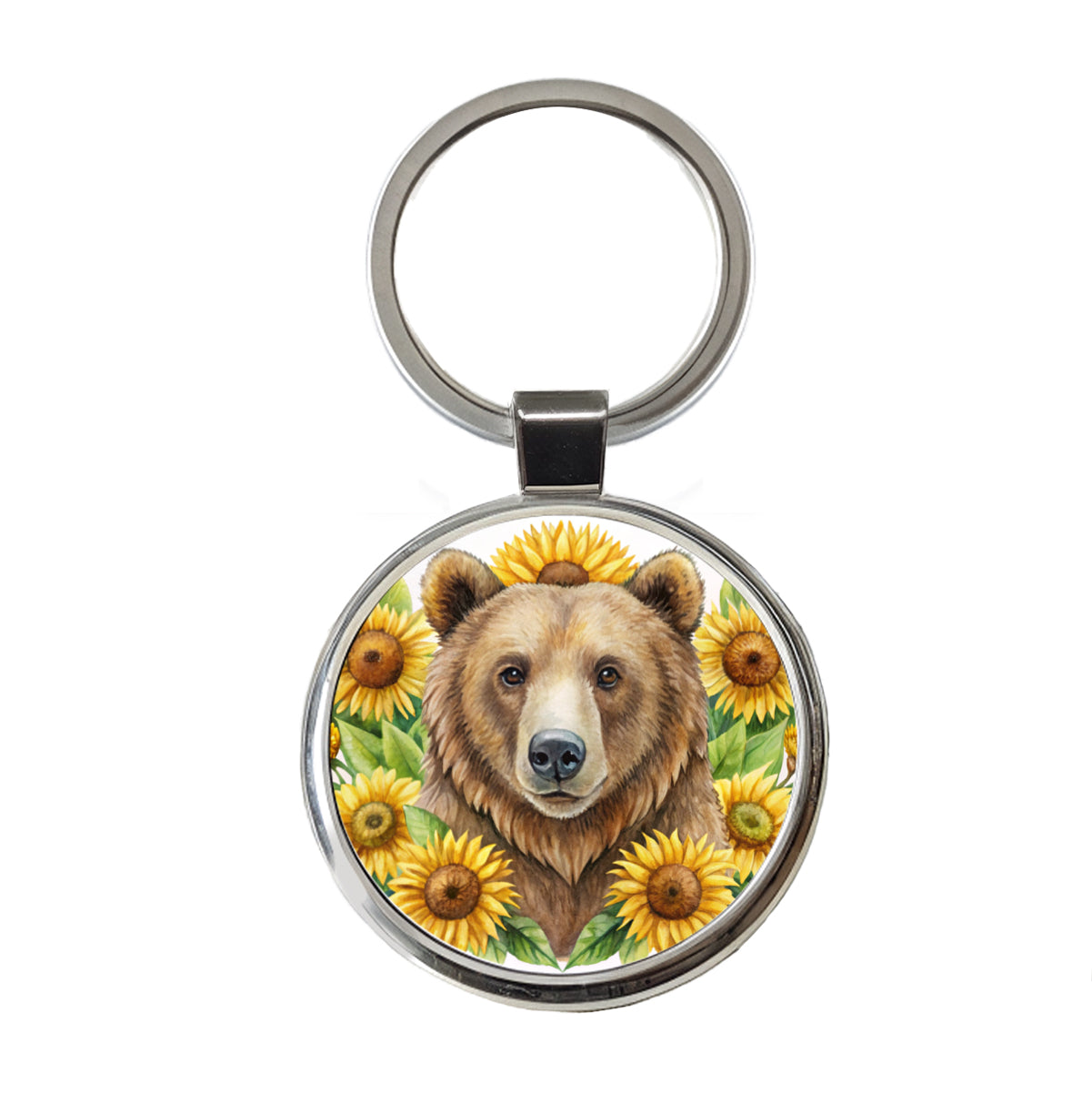 Brown Bear Watercolor Design With Sunflowers Round Metal Keychain