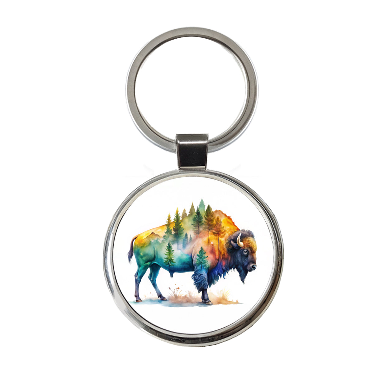 Buffalo In Forest Watercolor Design Round Metal Keychain