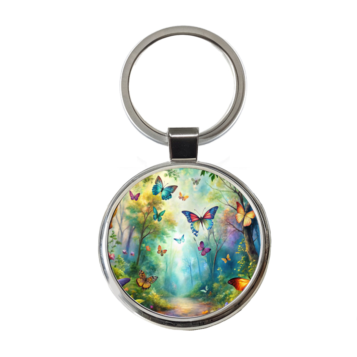Butterflies Forest Fantasy Watercolor Design Round Metal Keychain