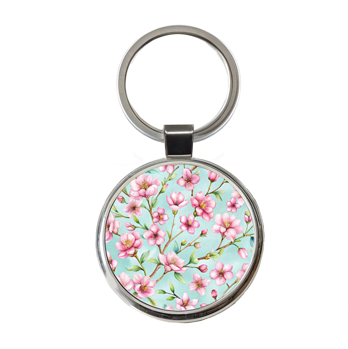 Cherry Blossom Flowers Light Blue Round Metal Keychain