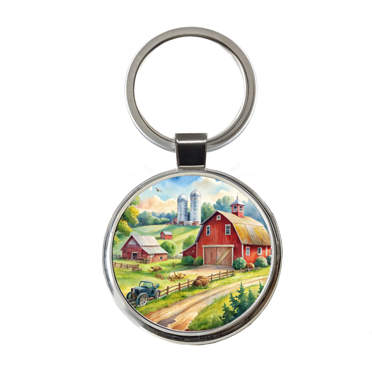 Classic Farm Watercolor Design Round Metal Keychain