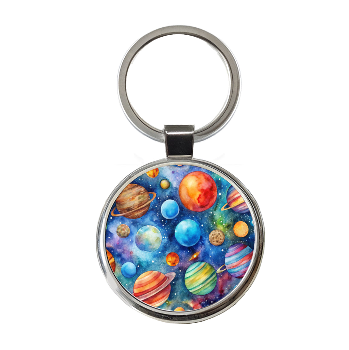 Colorful Planets In Space Watercolor Round Metal Keychain