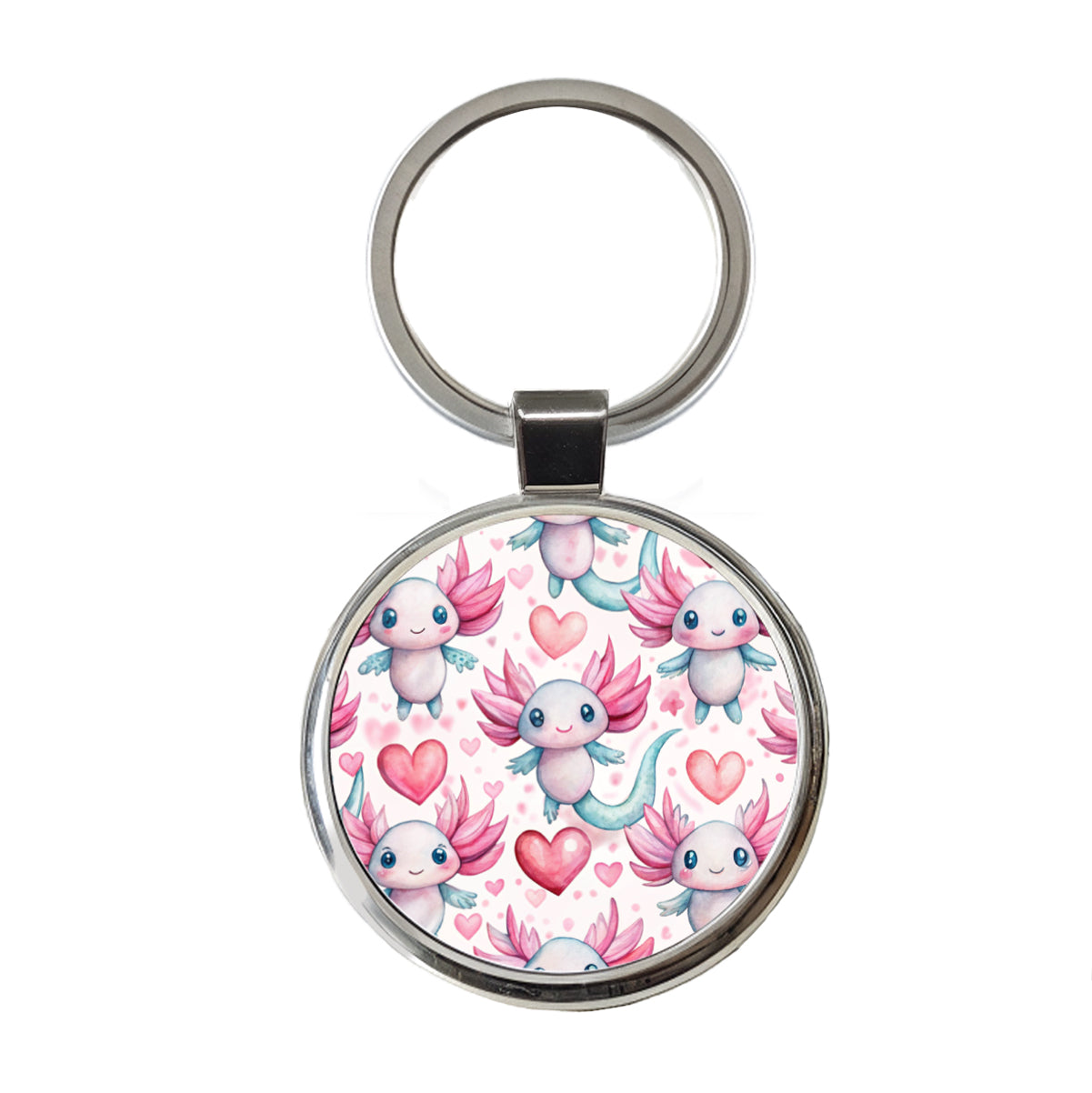 Cute Axolotls Hearts Watercolor Round Metal Keychain