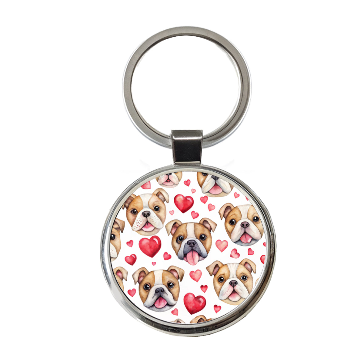 Cute Bulldog Dog Faces Hearts Round Metal Keychain