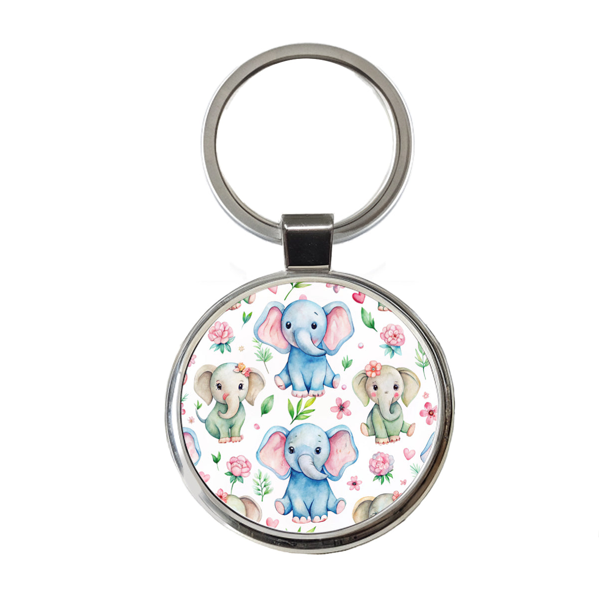 Cute Elephants Hearts Watercolor Round Metal Keychain