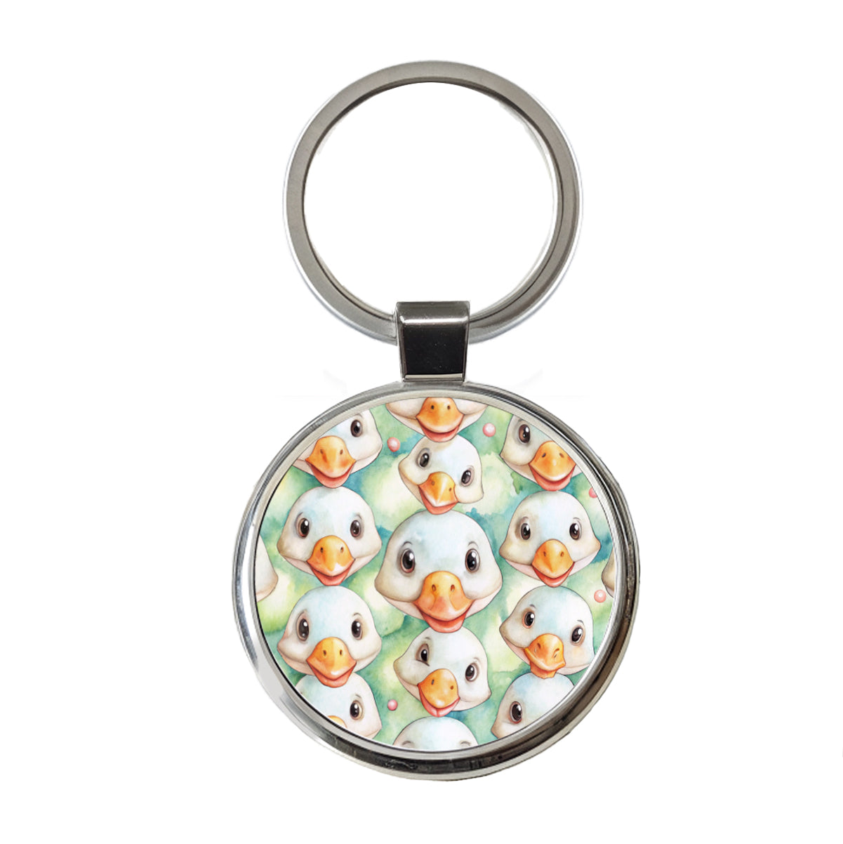 Cute Geese Faces Watercolor Round Metal Keychain