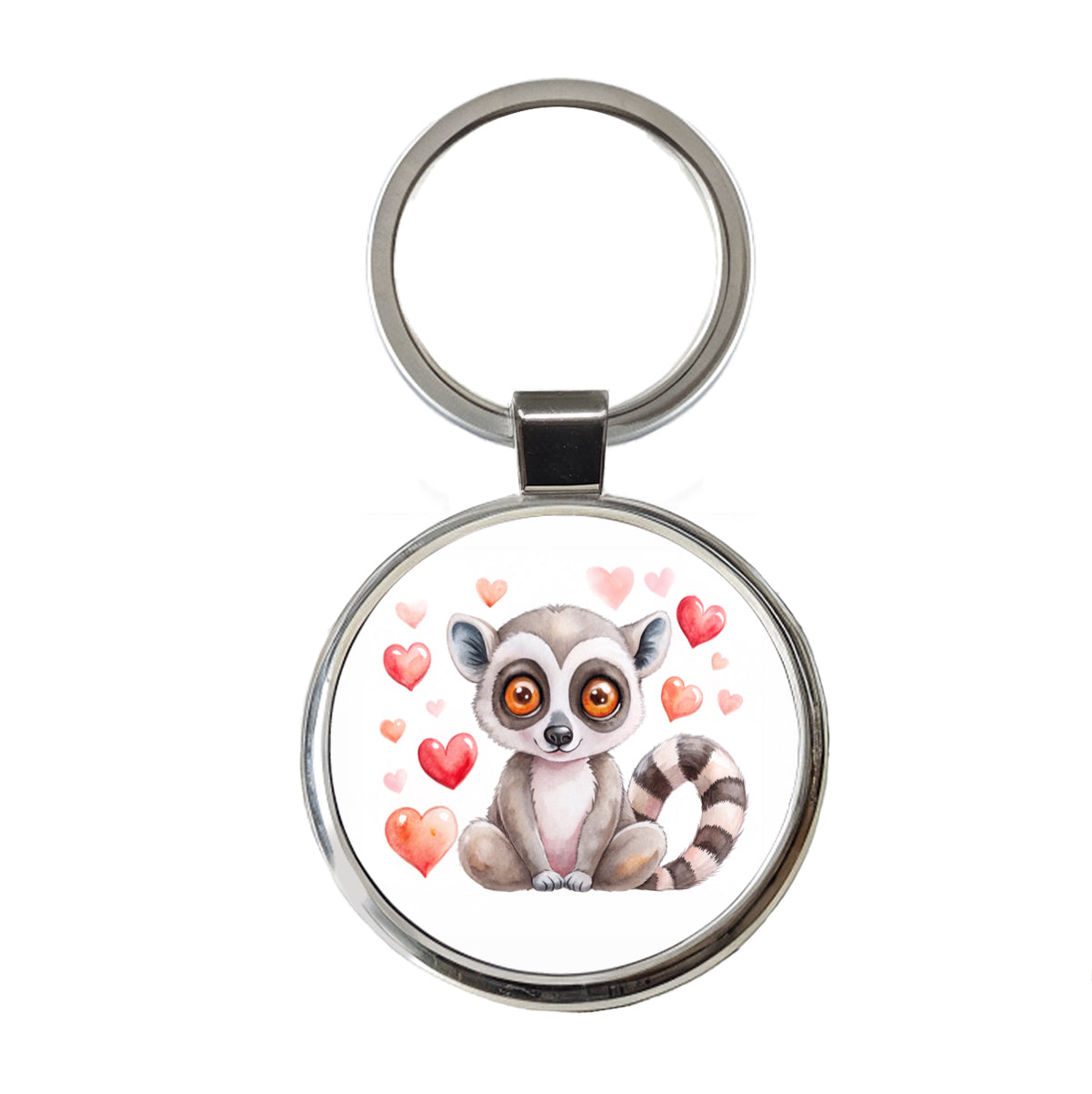 Cute Lemur Hearts Watercolor Round Metal Keychain