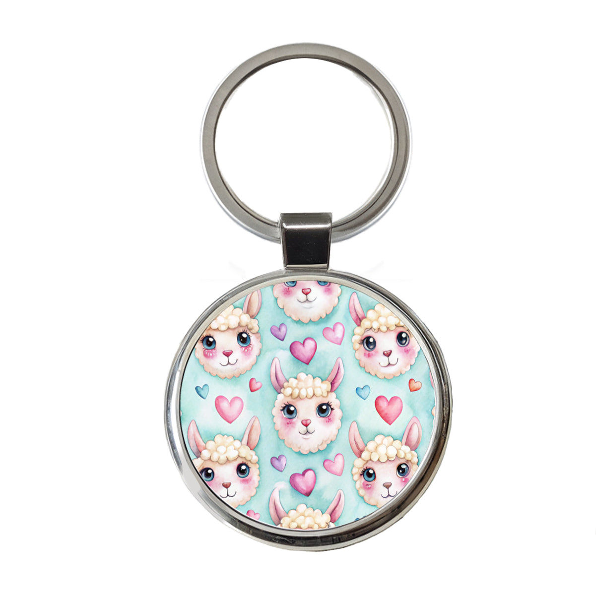 Cute Llama Faces Hearts Watercolor Round Metal Keychain