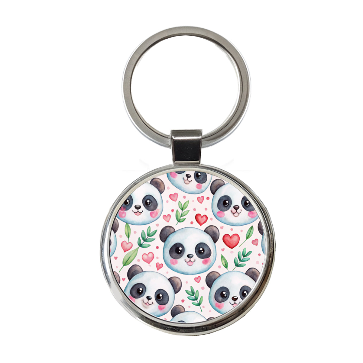 Cute Panda Faces Hearts Watercolor Round Metal Keychain