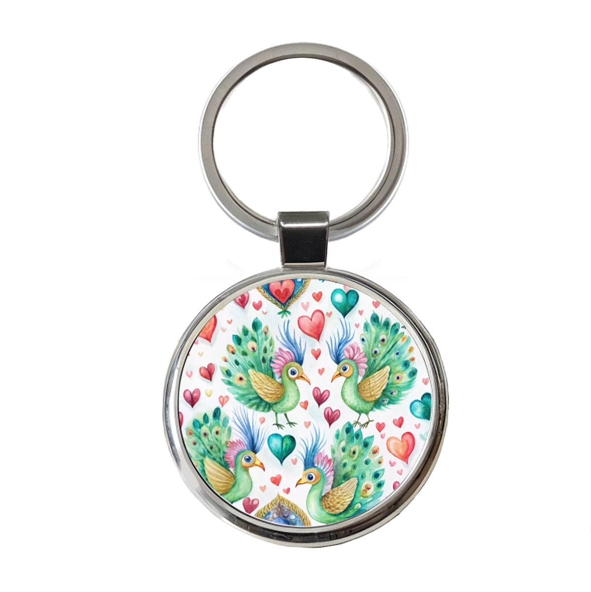 Cute Peacocks Hearts Watercolor Round Metal Keychain