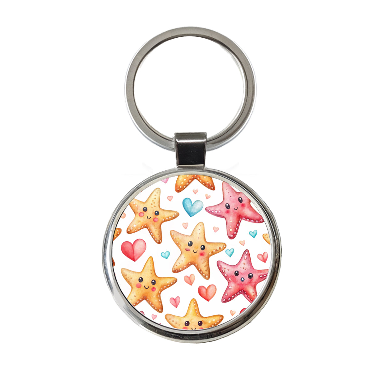 Cute Starfish Hearts Watercolor Round Metal Keychain