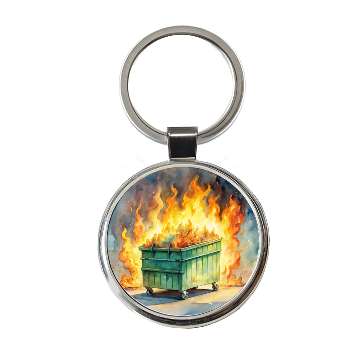 Dumpster Fire Watercolor Trash Round Metal Keychain