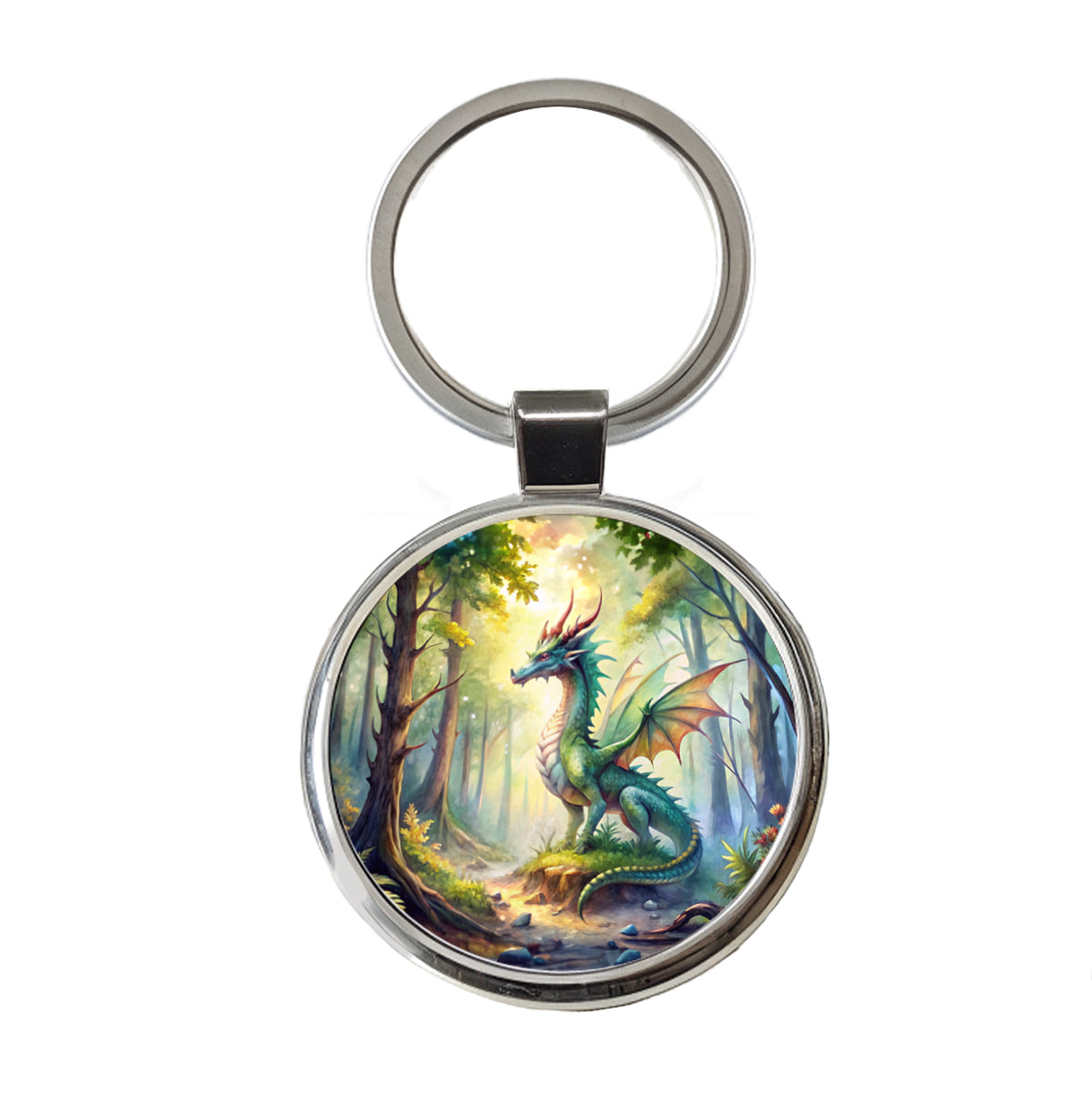 Green Dragon In Forest Watercolor Fantasy Round Metal Keychain