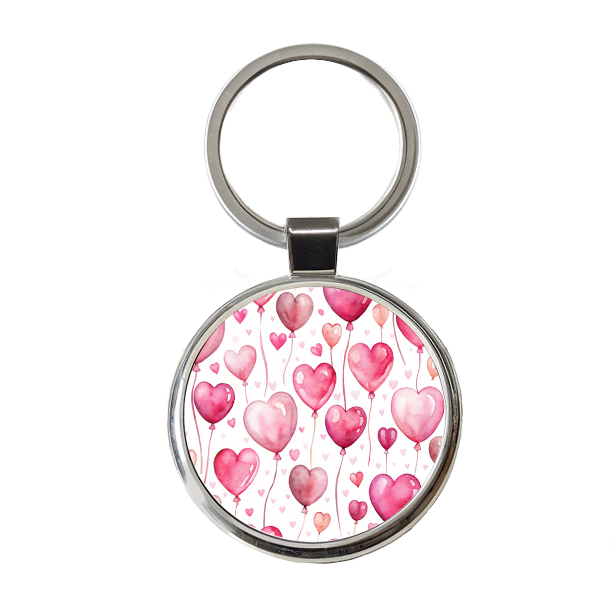 Pink Balloons Hearts Watercolor Birthday Valentine's Love Round Metal Keychain