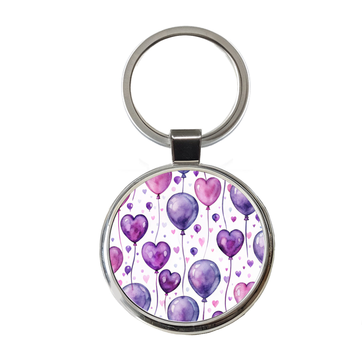 Purple Balloons Hearts Watercolor Birthday Round Metal Keychain