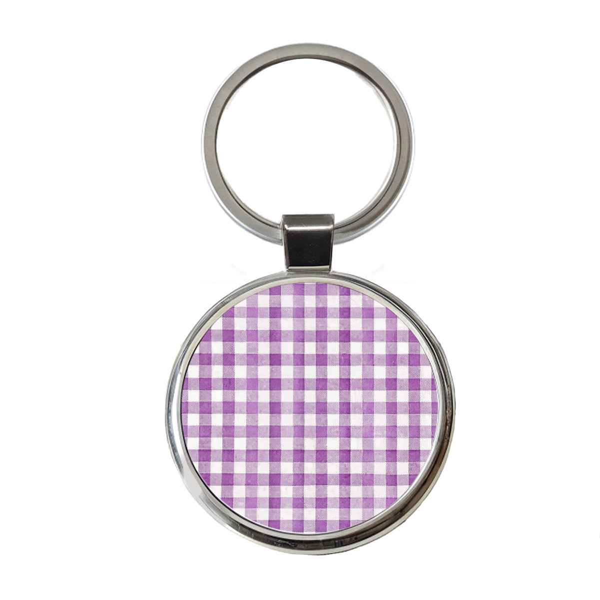 Purple White Gingham Watercolor Round Metal Keychain