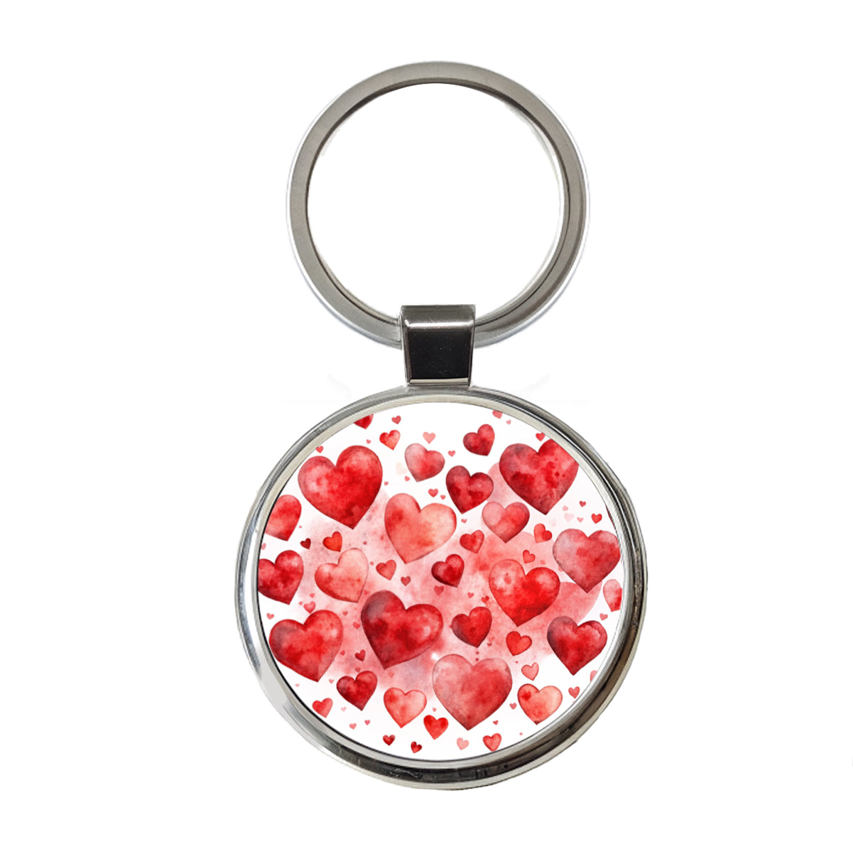 Red Scattered Hearts Love Anniversary Watercolor Round Metal Keychain