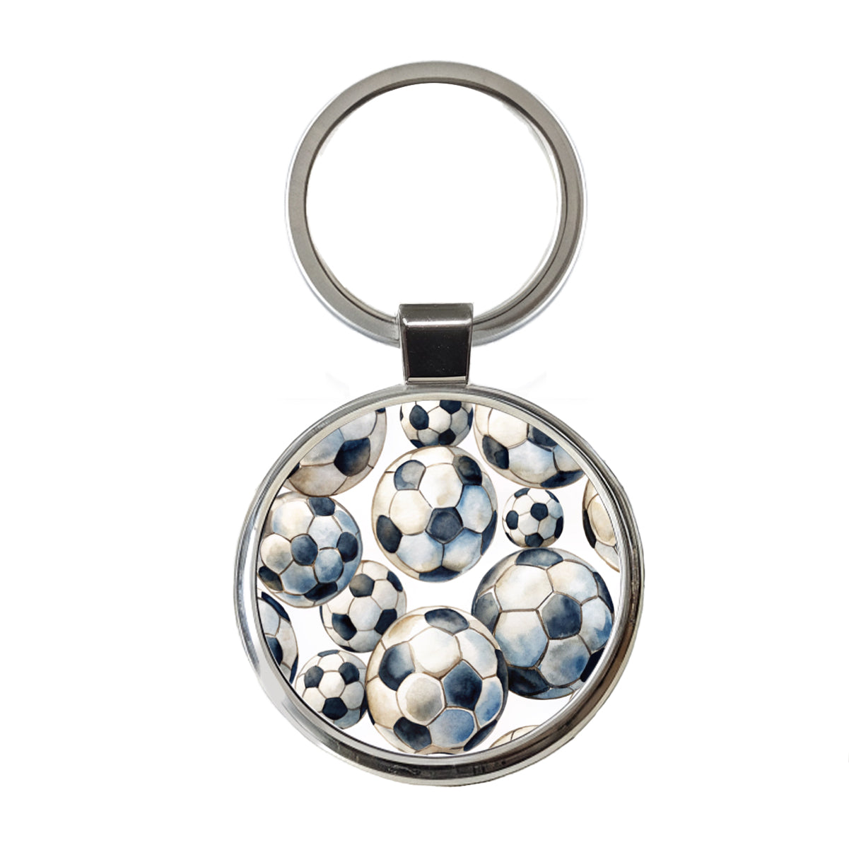 White Black Soccer Balls Watercolor Round Metal Keychain
