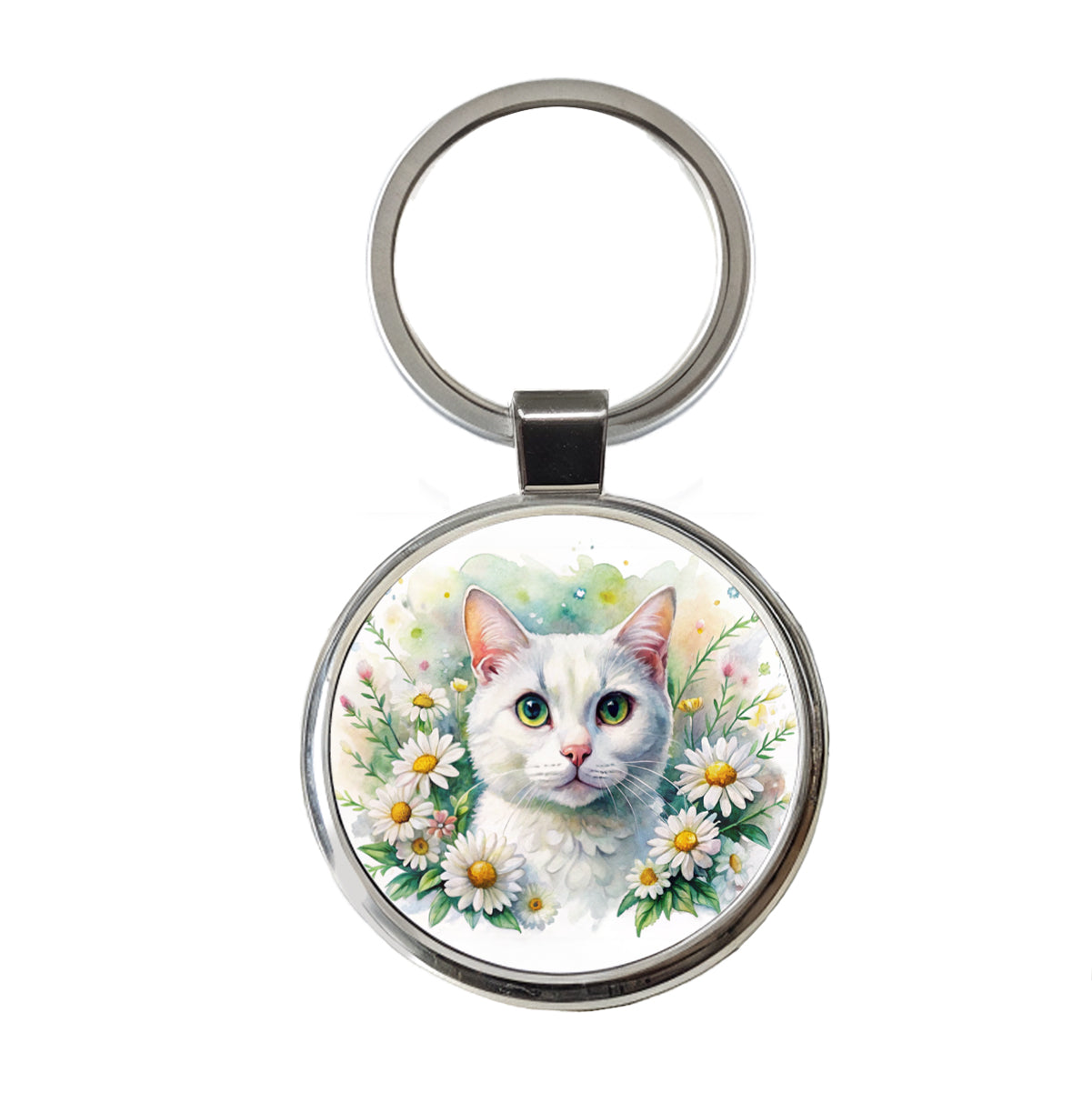 White Cat Watercolor Design With Daisies Round Metal Keychain